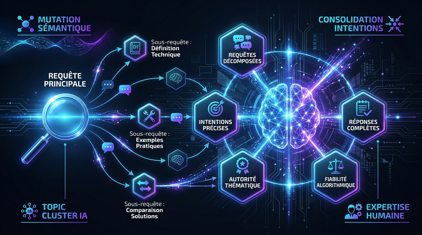 Infographie détaillant la mutation sémantique vers les topic clusters optimisés pour l'IA