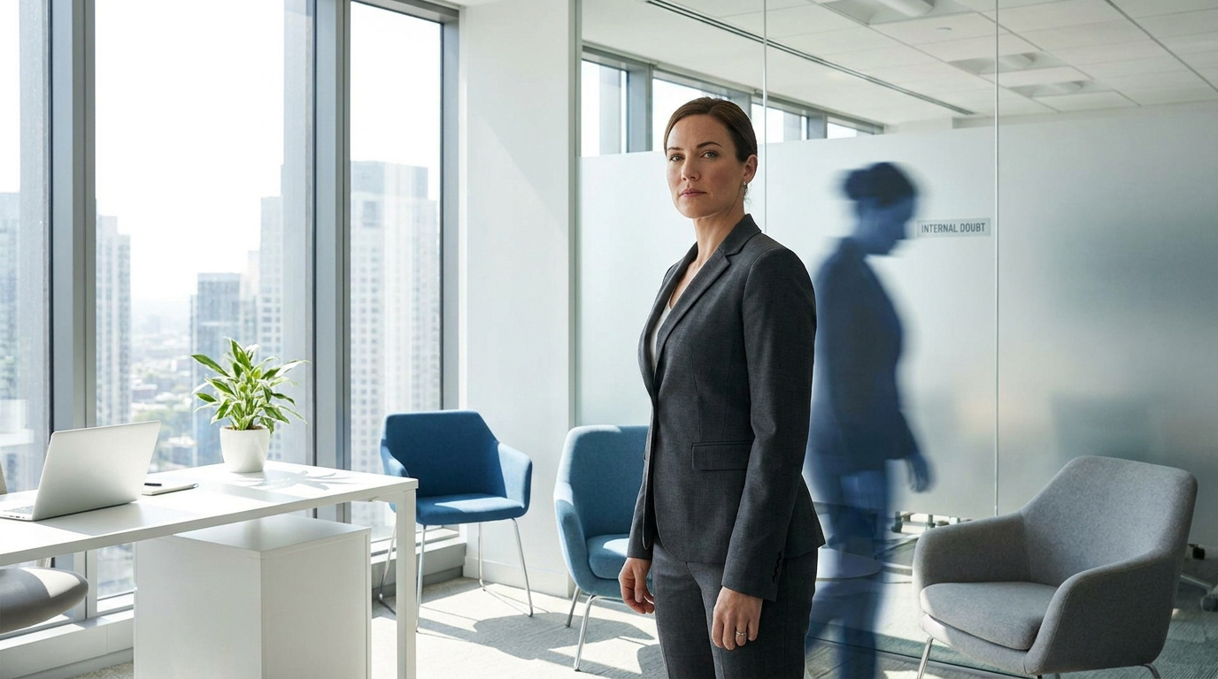 Une femme d'affaires dans un bureau lumineux, avec son reflet flou sur une paroi marquée "Internal Doubt".