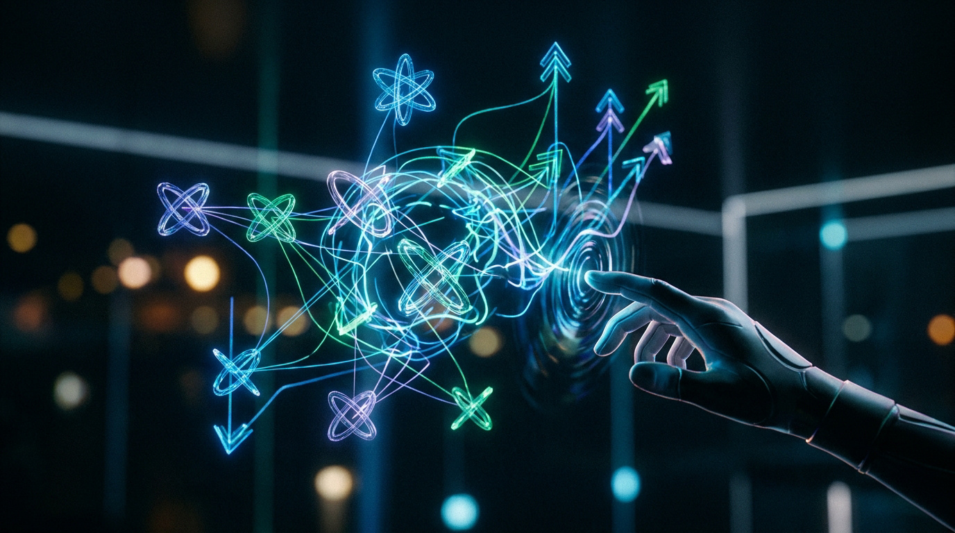 Une main robotique interagissant avec une interface holographique de données et de flèches lumineuses.