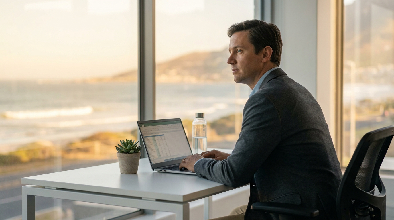 Un homme en costume assis à son bureau face à une fenêtre donnant sur la mer, travaillant sur son ordinateur portable.