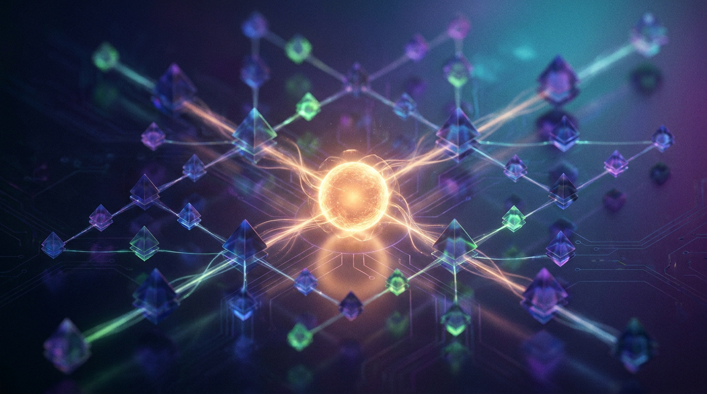 Visualisation d'un réseau de données interconnecté avec une sphère lumineuse centrale sur fond technologique.