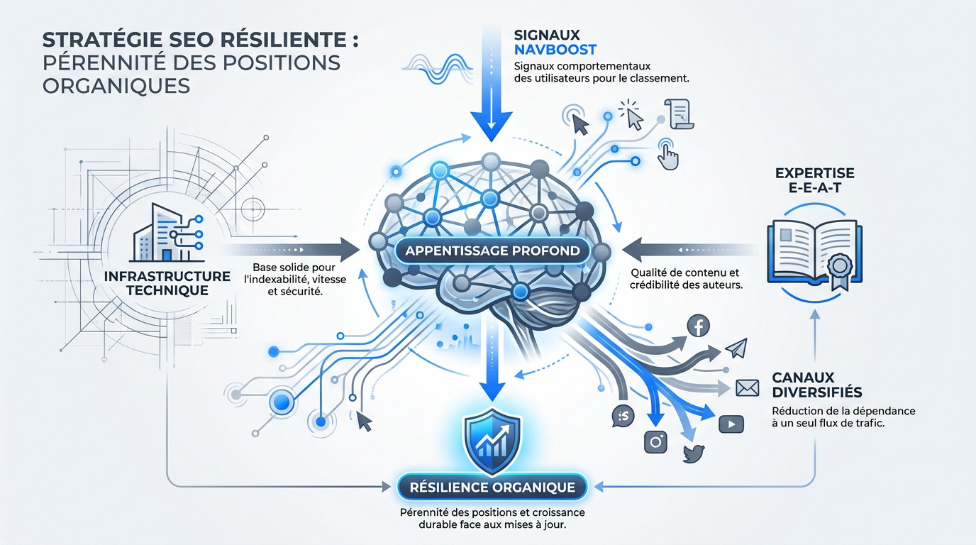 Représentation de la résilience SEO face aux réseaux neuronaux de Google