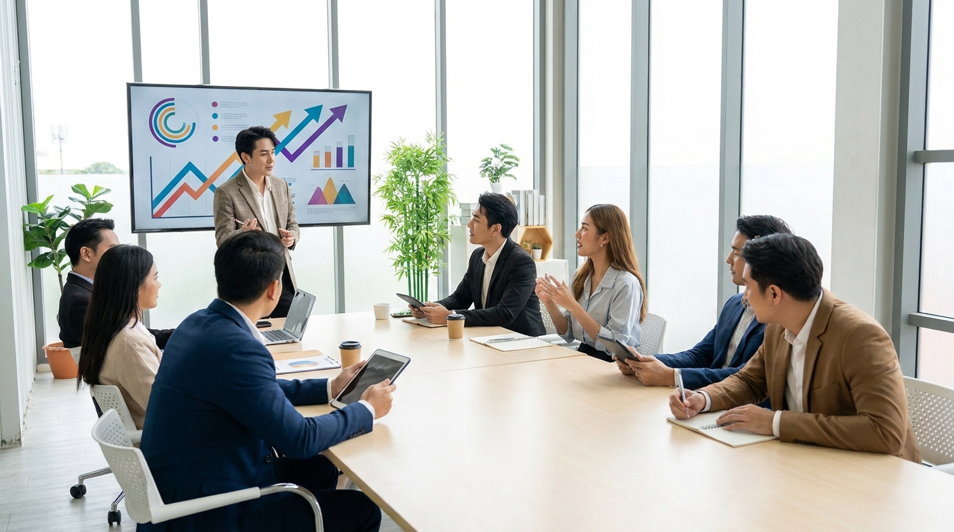 Un présentateur s'exprime devant une équipe attentive lors d'une réunion professionnelle avec des graphiques en arrière-plan.