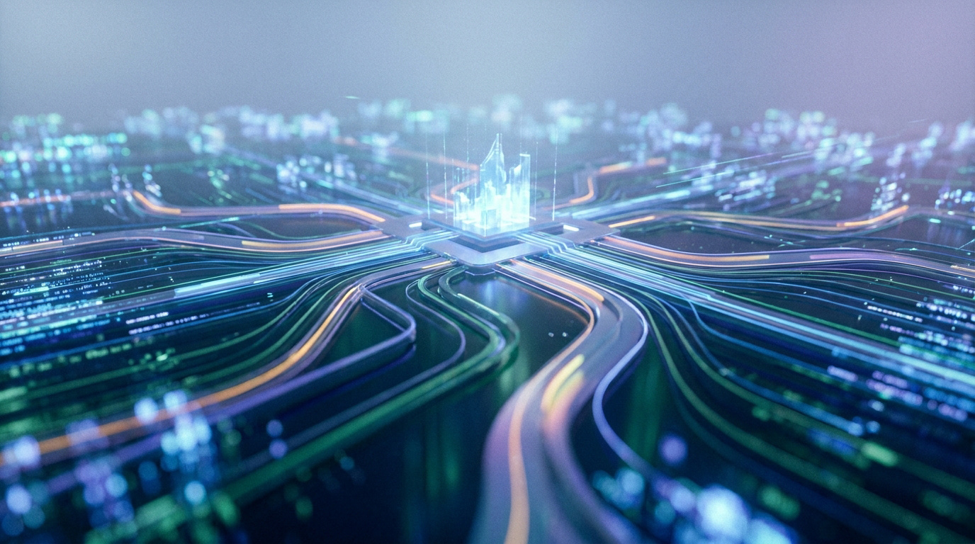 Illustration numérique d'un processeur central et de lignes de données lumineuses représentant la connectivité numérique.