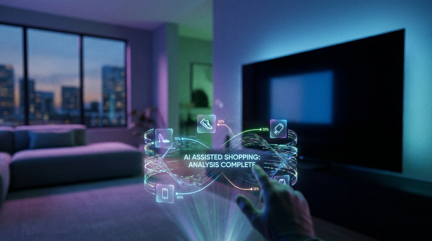 Une main interagissant avec une interface holographique futuriste d'analyse de shopping dans un salon moderne.
