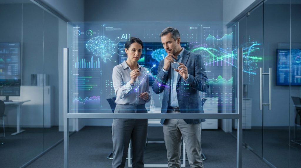 Deux professionnels analysent des graphiques de données complexes sur un écran transparent interactif.