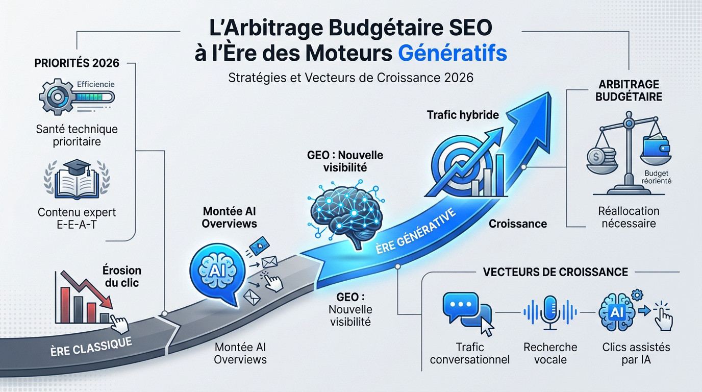 Graphique illustrant l'arbitrage budgétaire SEO entre technique et contenu IA en 2026