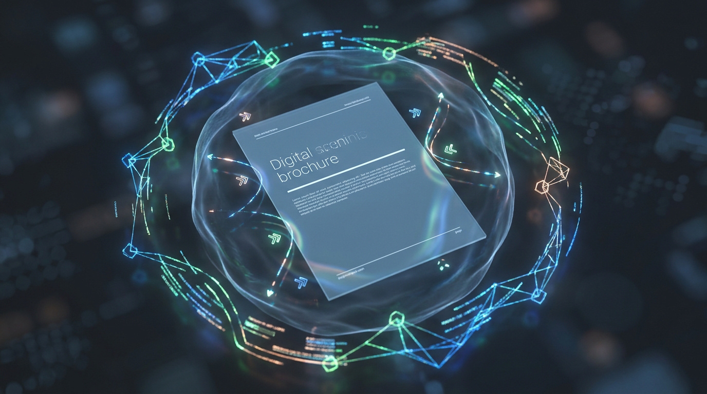 Une brochure numérique flottant dans une sphère holographique connectée, entourée de données et de liens réseaux.