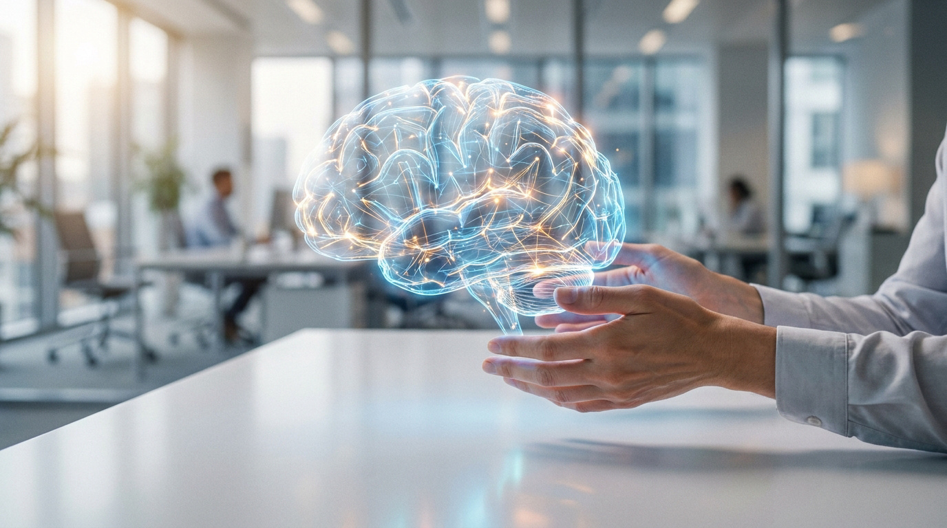 Mains tenant un cerveau numérique holographique dans un bureau moderne et lumineux.