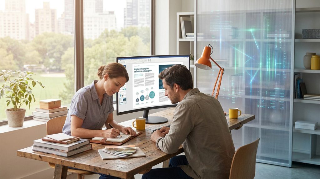 Une femme et un homme travaillent ensemble sur une stratégie marketing devant un ordinateur dans un bureau lumineux.