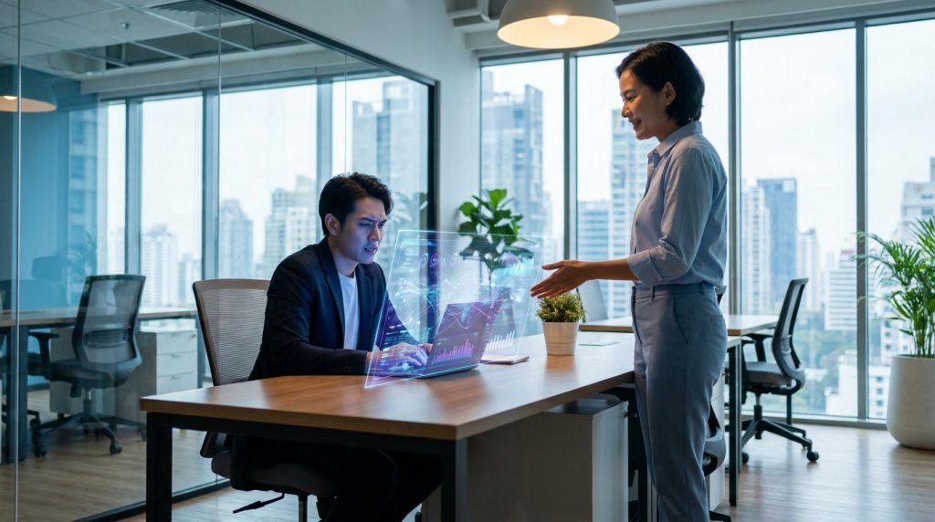 Deux professionnels travaillant sur un ordinateur portable avec une interface de données holographique dans un bureau.