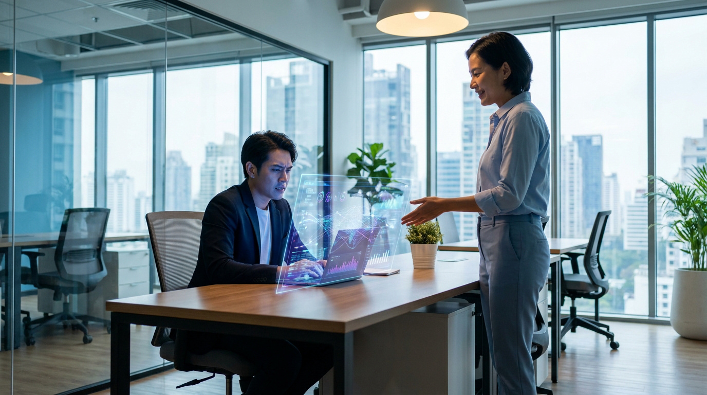 Deux professionnels travaillant sur un ordinateur portable avec une interface de données holographique dans un bureau.