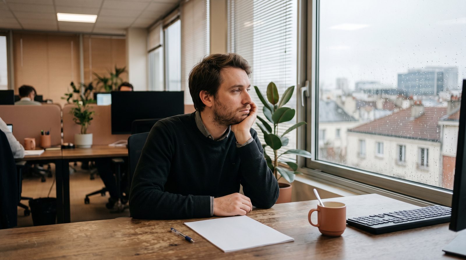 Salarié pensif à son bureau devant une fenêtre pluvieuse, image du bore out et de l'ennui au travail