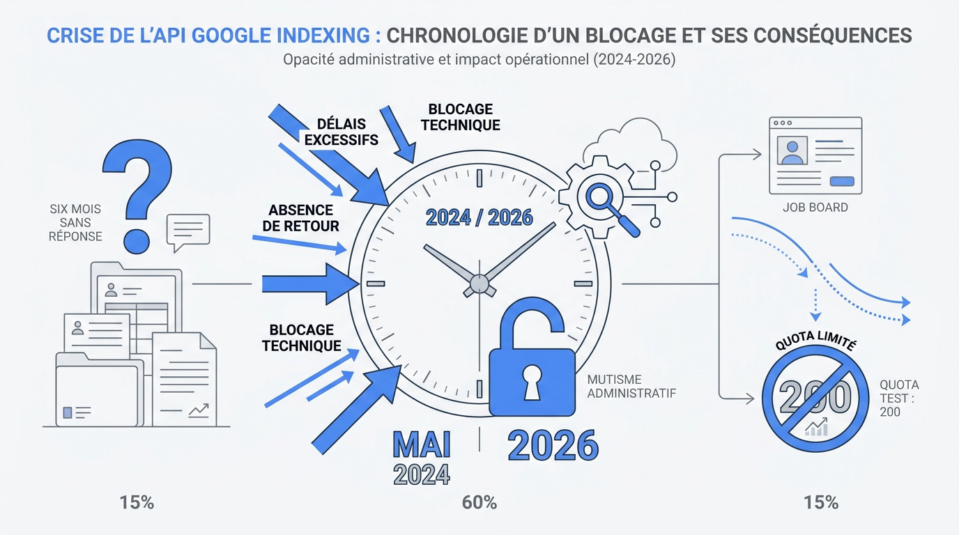 Graphique illustrant le blocage des requêtes d'indexation Google API pour les sites d'emploi