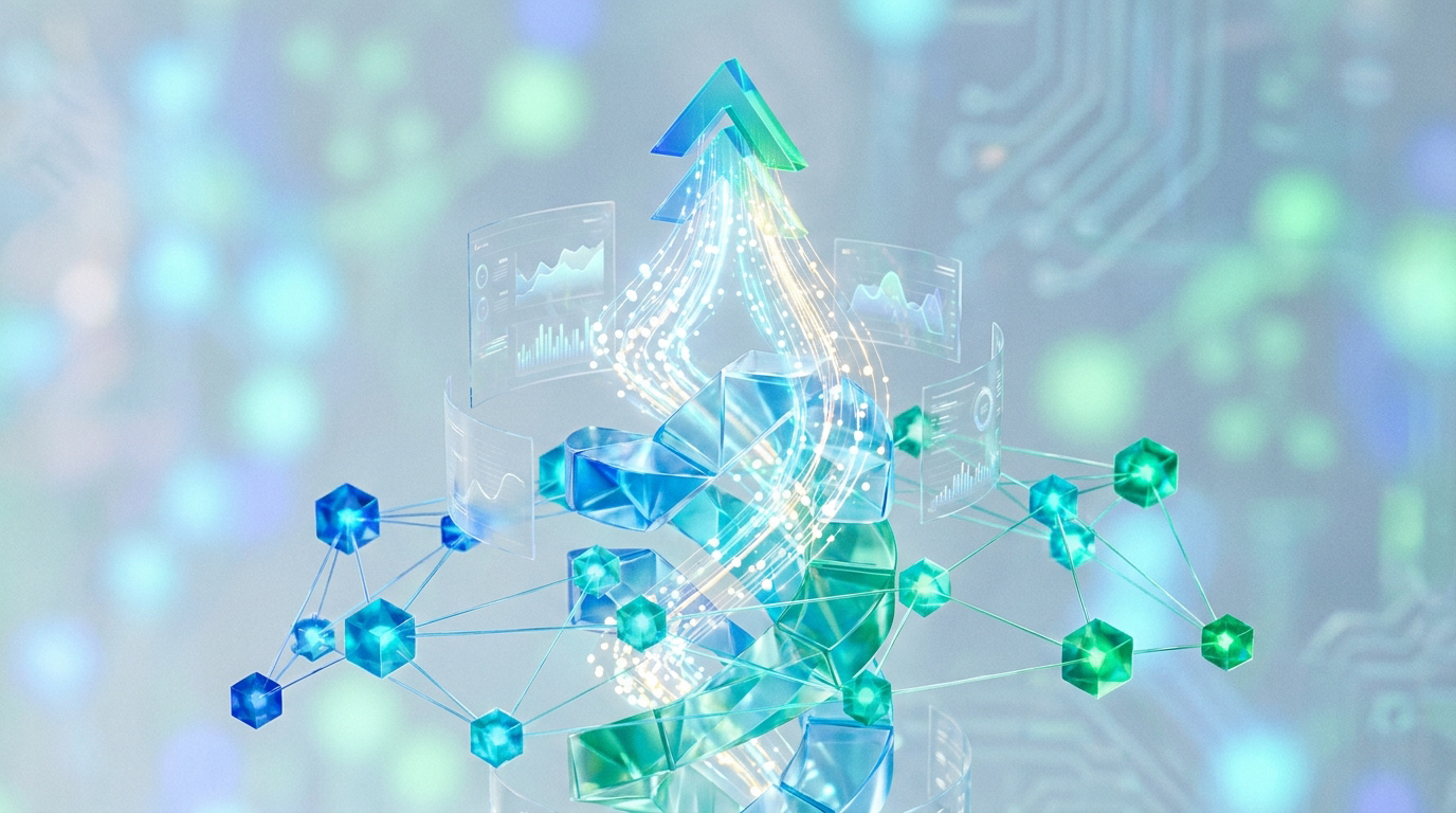 Illustration 3D montrant une croissance SEO avec des flèches ascendantes, des données numériques et un réseau connecté.