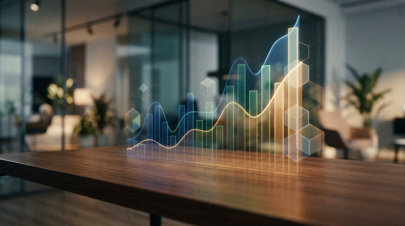 Graphique holographique en 3D montrant une croissance ascendante sur une table en bois dans un bureau moderne.