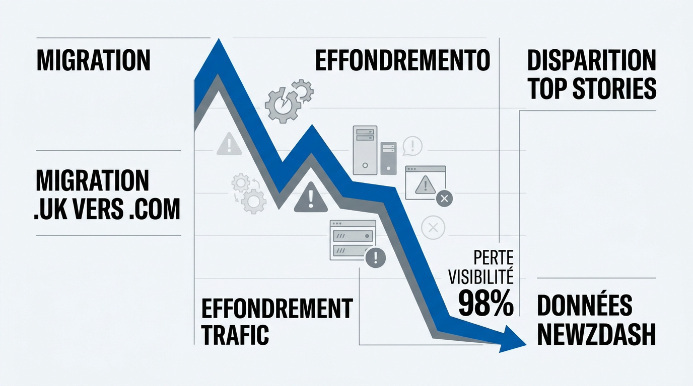 Graphique montrant une chute de visibilité de 98 pourcent après une migration de domaine
