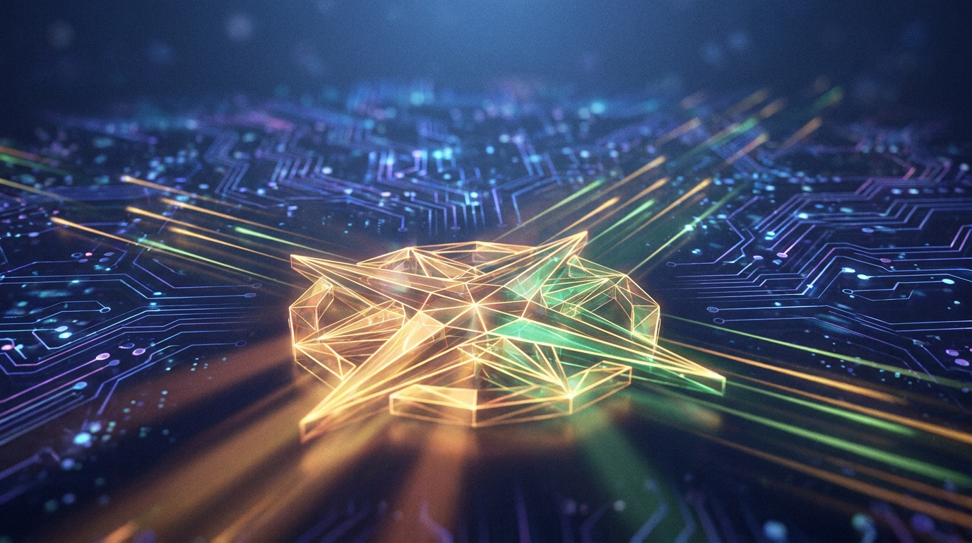Une boussole dorée stylisée en 3D posée sur un circuit imprimé brillant avec des lignes de lumière colorées.