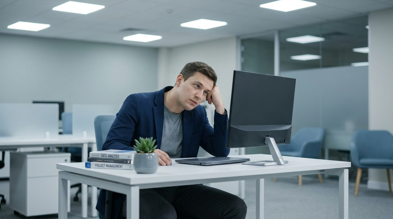 Un employé de bureau fatigué et ennuyé regarde fixement son écran d'ordinateur dans un espace de travail moderne.