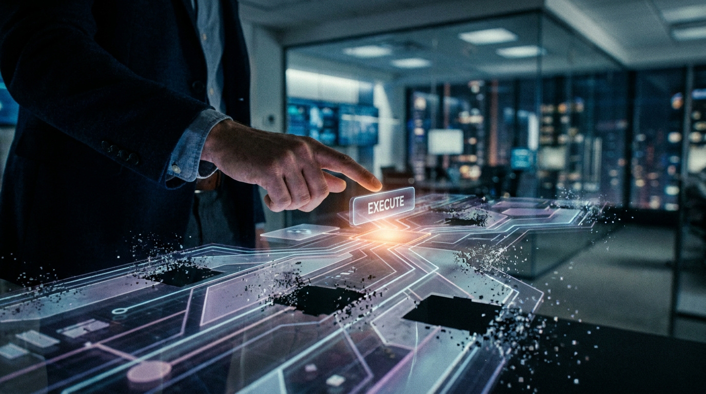 Un homme d'affaires active une interface holographique futuriste affichant le mot "EXECUTE" dans un bureau moderne.