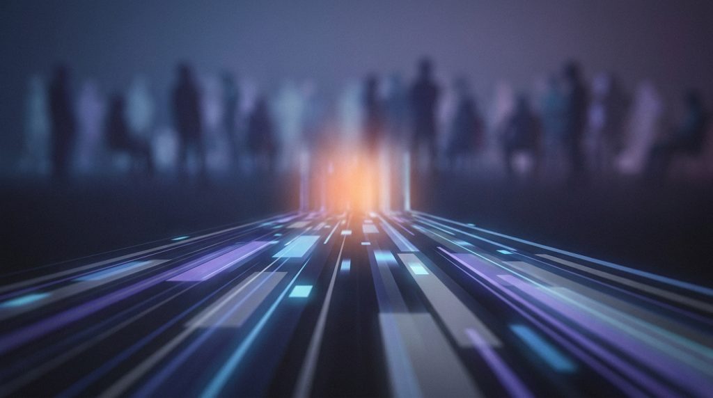 Flux de données lumineux se dirigeant vers une foule floue en arrière-plan symbolisant la connectivité numérique.