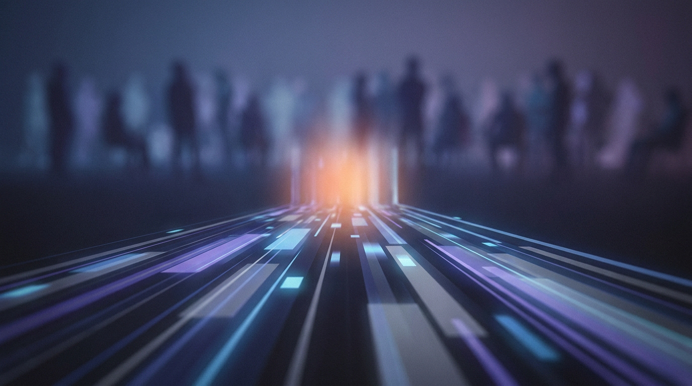 Flux de données lumineux se dirigeant vers une foule floue en arrière-plan symbolisant la connectivité numérique.
