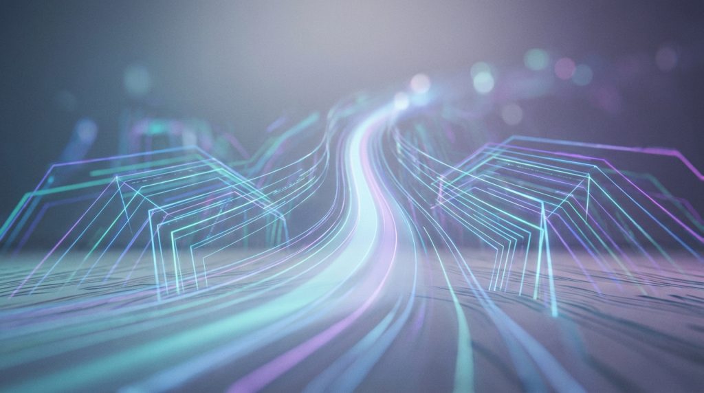 Flux lumineux numériques abstraits traversant un paysage technologique de lignes violettes et bleues.
