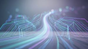 Flux lumineux numériques abstraits traversant un paysage technologique de lignes violettes et bleues.