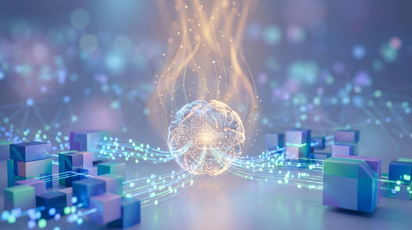 Illustration 3D d'un cerveau numérique connecté à des cubes de données par des faisceaux lumineux sur fond bleu.