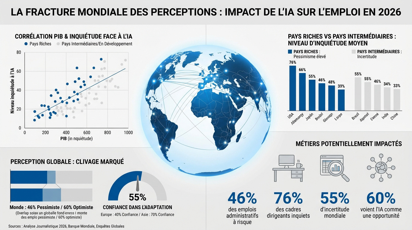 Graphique illustrant la fracture mondiale des perceptions sur l'impact de l'IA sur l'emploi par niveau de revenu