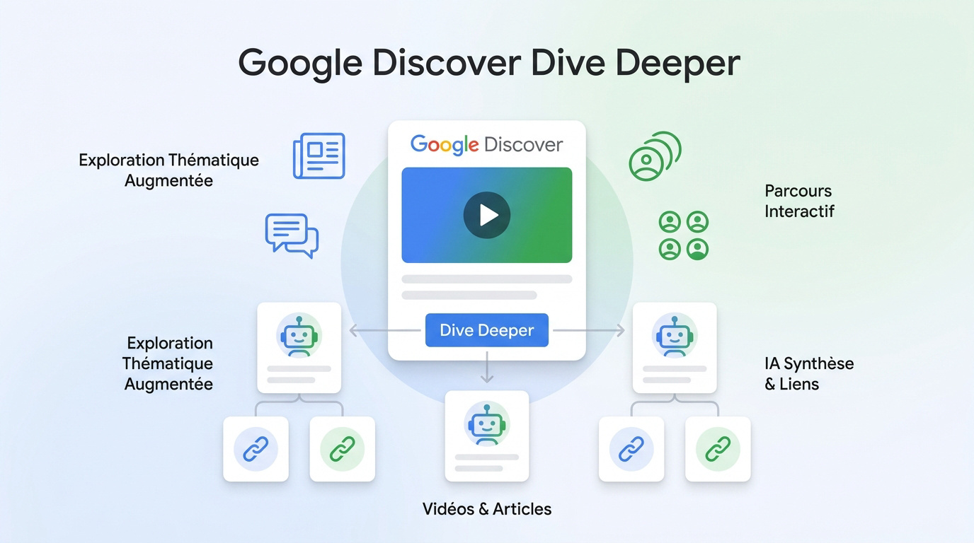 Interface du bouton Dive deeper dans le flux Google Discover affichant des résumés IA