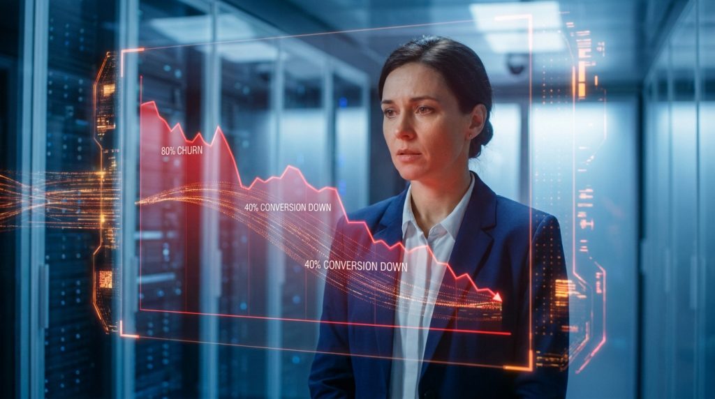 Une femme d'affaires devant un écran holographique affichant des graphiques de baisse de conversion et de churn.