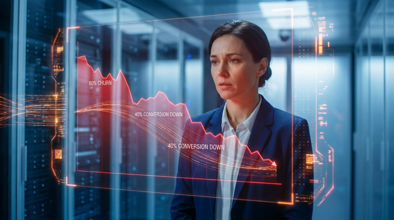 Une femme d'affaires devant un écran holographique affichant des graphiques de baisse de conversion et de churn.