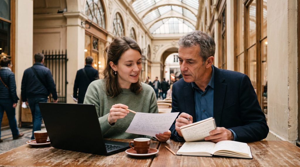 Deux consultants qui comparent des brouillons de prompts dans un passage couvert parisien, guide Claude Opus 5.5