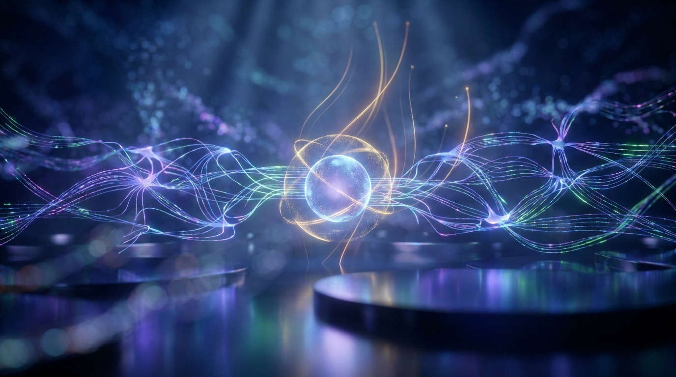 Représentation numérique d'une sphère d'énergie connectée par des flux de données lumineux sur un fond abstrait.