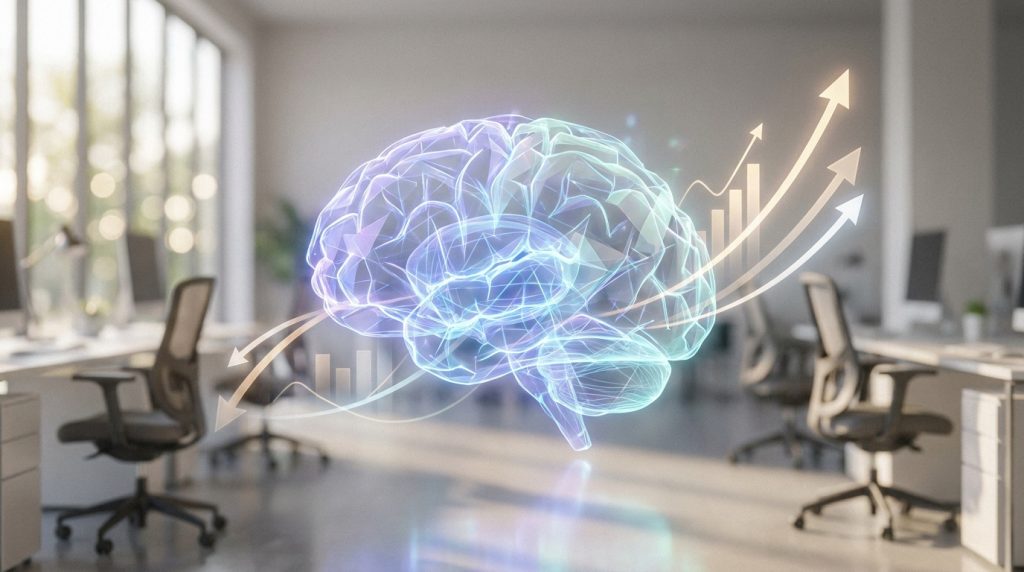 Représentation holographique d'un cerveau entouré de graphiques de croissance dans un bureau moderne.