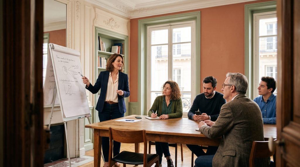 Réunion d'équipe dans une salle haussmannienne autour d'un paperboard, sur l'impact des réunions sur la performance