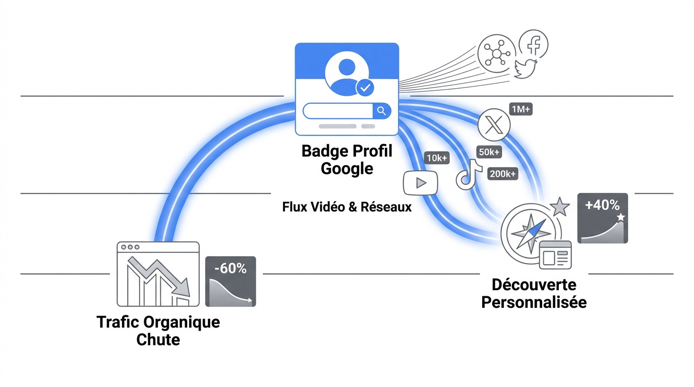 Infographie détaillant le fonctionnement des badges de profil Google Search et leur impact sur la découverte de contenu