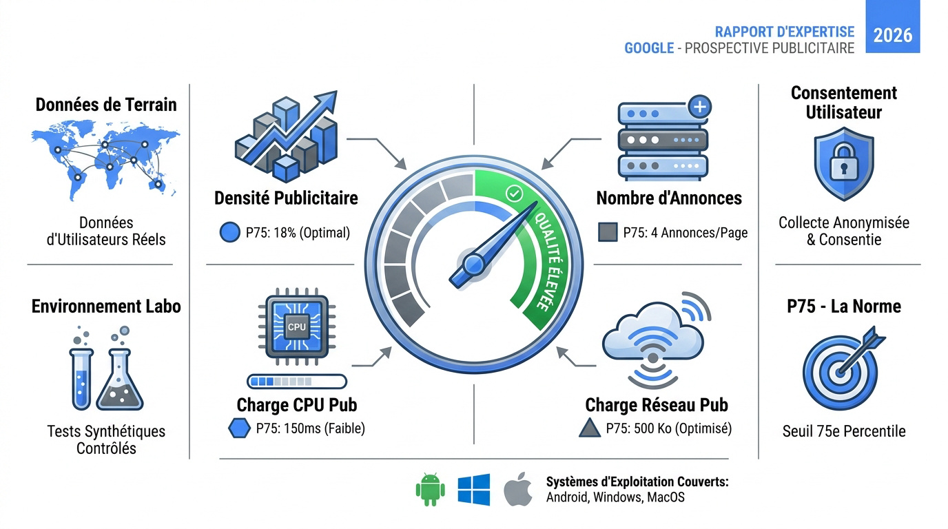 Infographie détaillant les métriques de performance publicitaire et l'expérience utilisateur dans Google CrUX