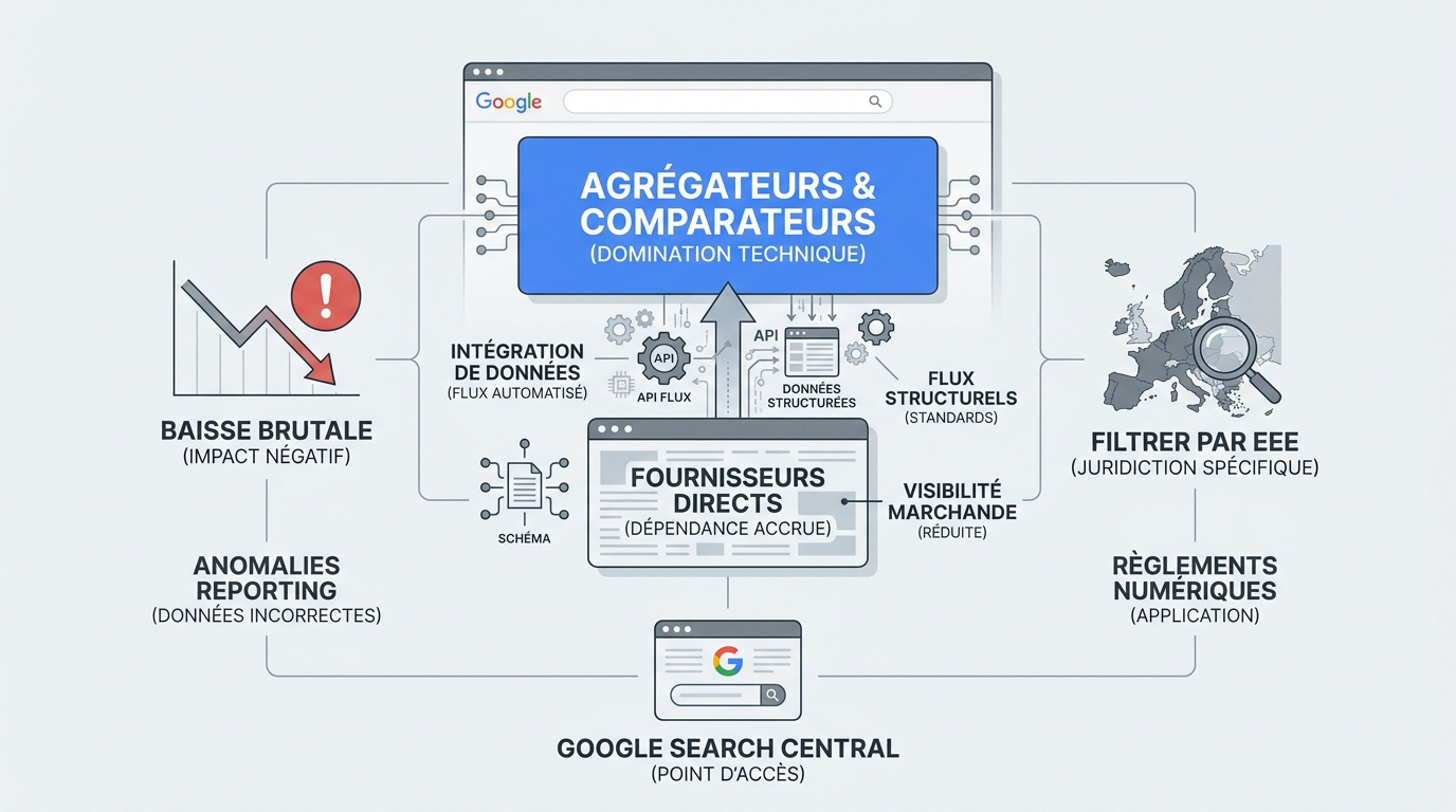 Infographie détaillant la nouvelle hiérarchie des résultats Google dans l'Espace Économique Européen avec blocs agrégateurs et fournisseurs directs
