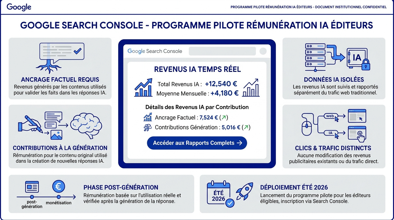 Infographie détaillant le fonctionnement du programme de rémunération Google pour les éditeurs de contenu IA