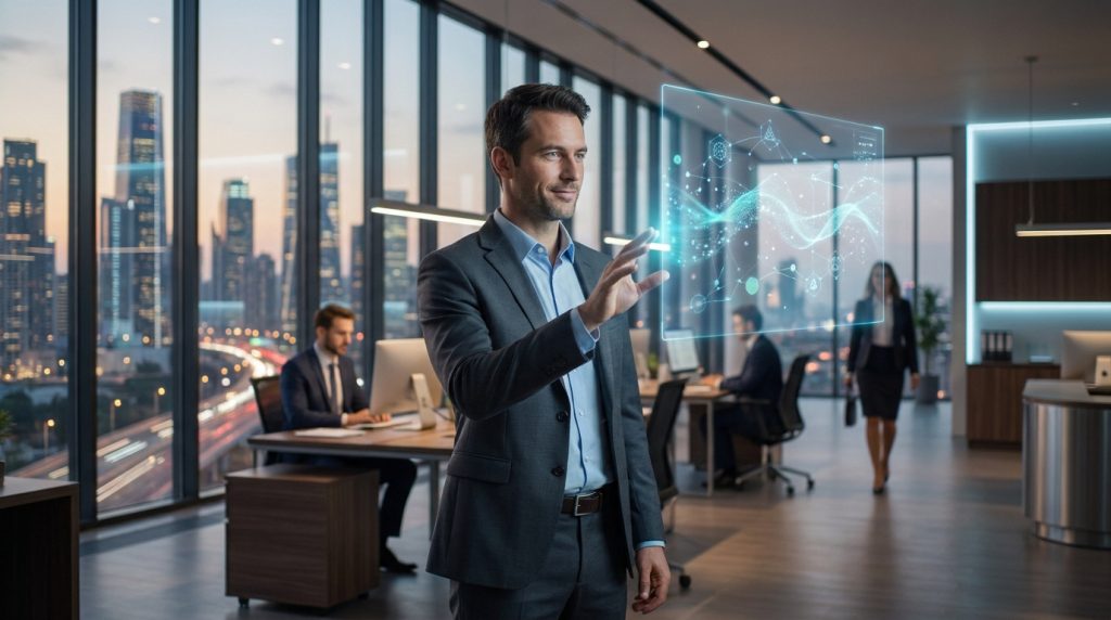 Homme d'affaires interagissant avec une interface holographique futuriste dans un bureau moderne avec vue sur la ville.