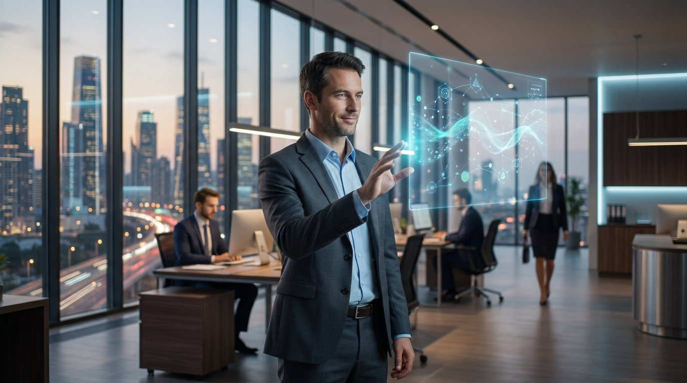Homme d'affaires interagissant avec une interface holographique futuriste dans un bureau moderne avec vue sur la ville.