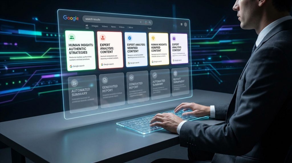 Un professionnel en costume utilise une interface Google futuriste affichant des résultats de recherche classés par IA.