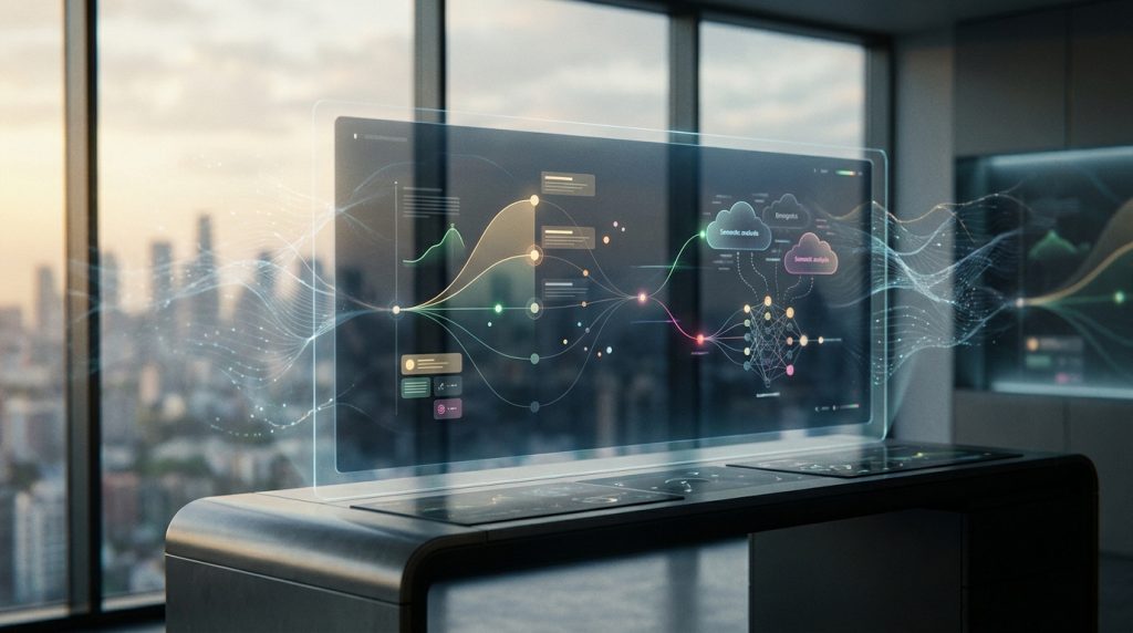 Interface holographique affichant des données complexes de SEO et d'IA devant un paysage urbain moderne.