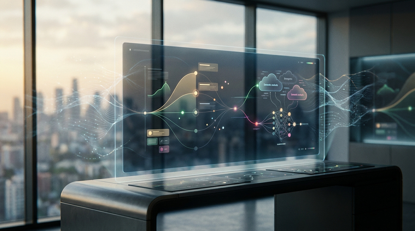 Interface holographique affichant des données complexes de SEO et d'IA devant un paysage urbain moderne.