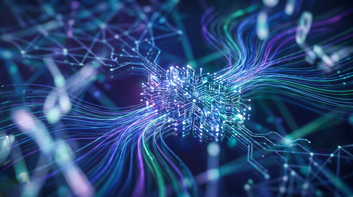 Une puce électronique centrale entourée de flux de données lumineuses et de réseaux neuronaux sur fond sombre.