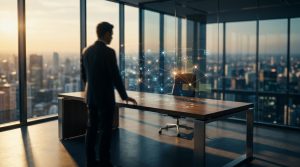 Un homme d'affaires debout dans un bureau avec vue sur la ville, manipulant une interface numérique holographique.