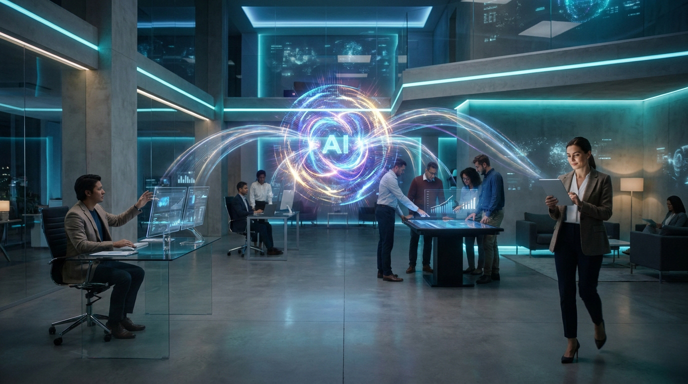 Bureau moderne avec des professionnels travaillant autour d'un hologramme IA central et des écrans tactiles.