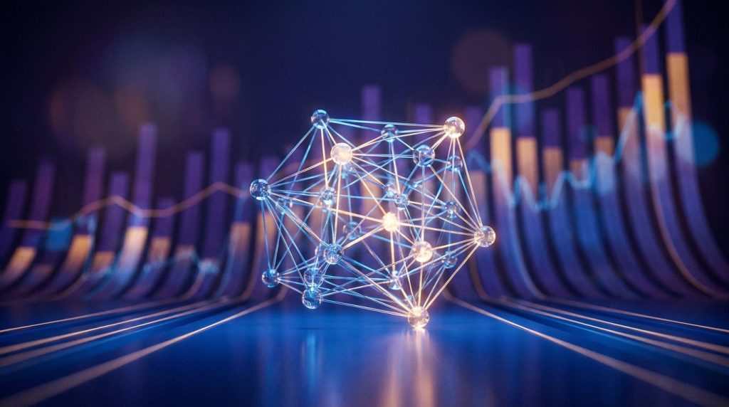 Structure moléculaire lumineuse devant un graphique financier en arrière-plan illustrant la croissance de ChatGPT.